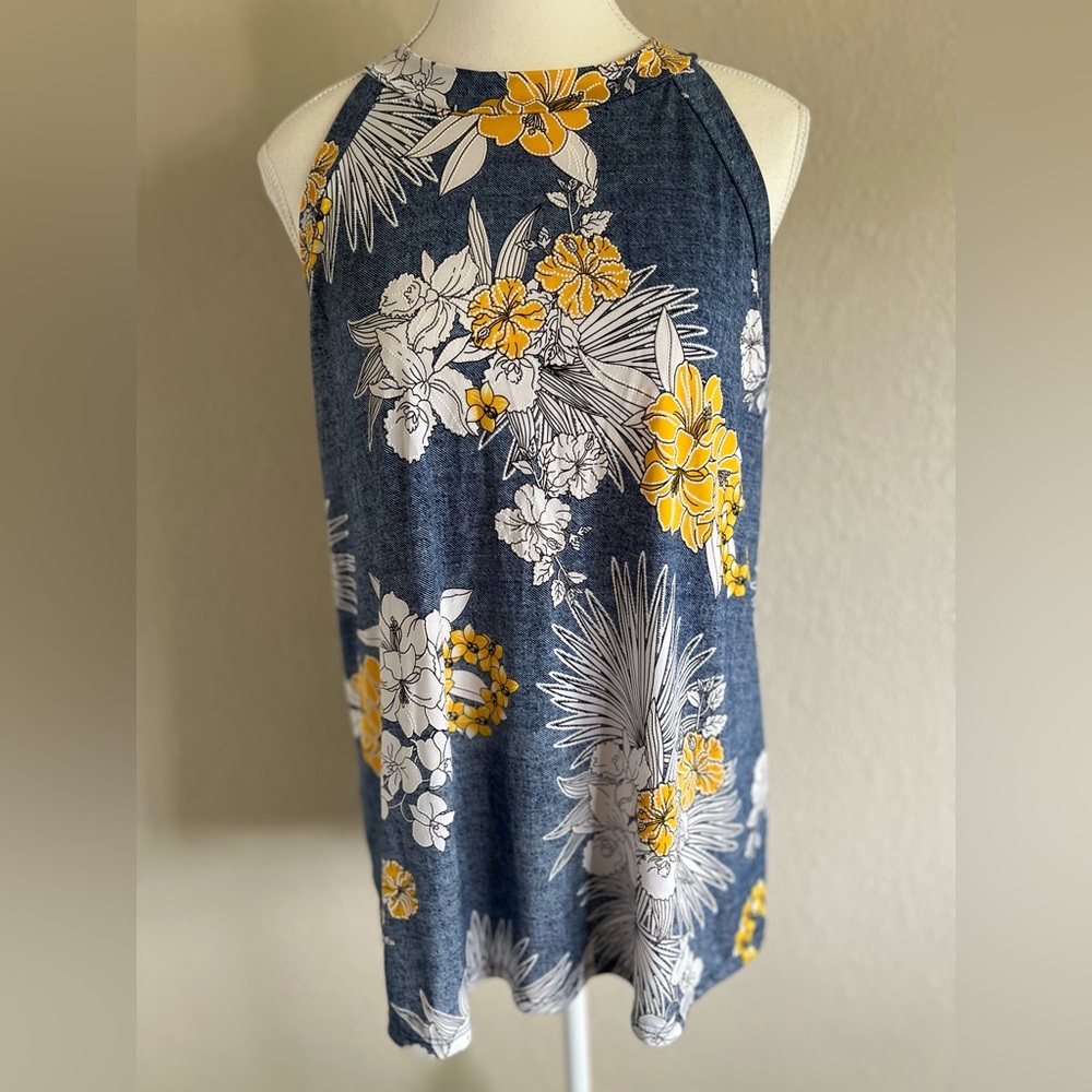Sleeveless Floral Halter Top - Navy & Yellow